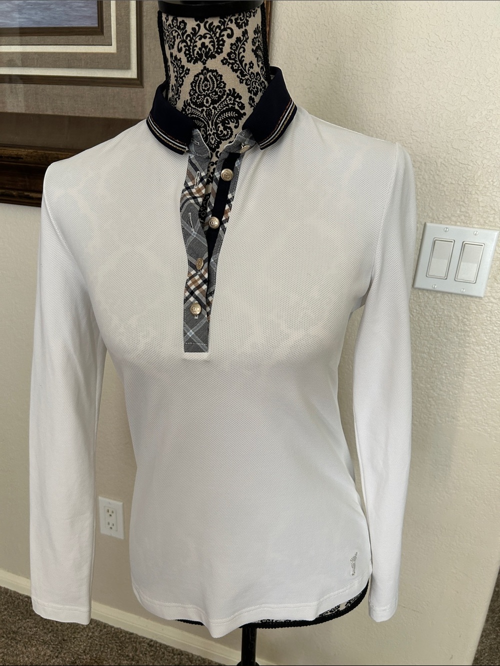 Golfino White Long Sleeve Polo Top with Navy Contrast Collar and Plaid Placket